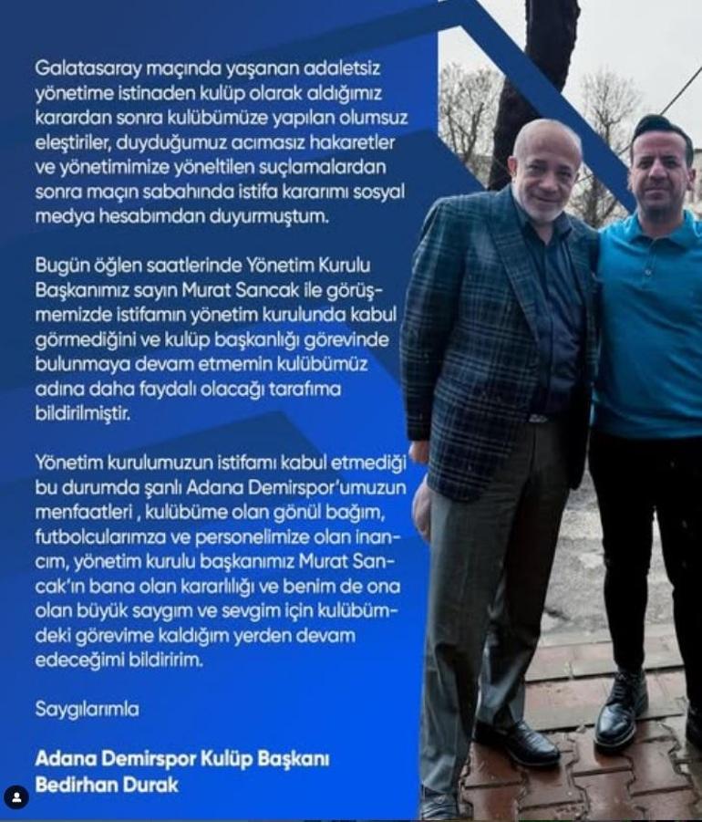 Adana Demirspor Bedirhan Durak'ın başkanı kabul edilmedi